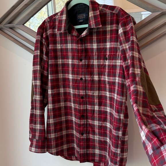 Pendleton Wool Trail Plaid Shirt Men's medium Flannel Button Up Elbow Patches - Picture 9 of 10